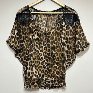 Express Jaguar Print Sheer Blouse Womens S Lace Shoulder Flutter Sleeve Mob Wife